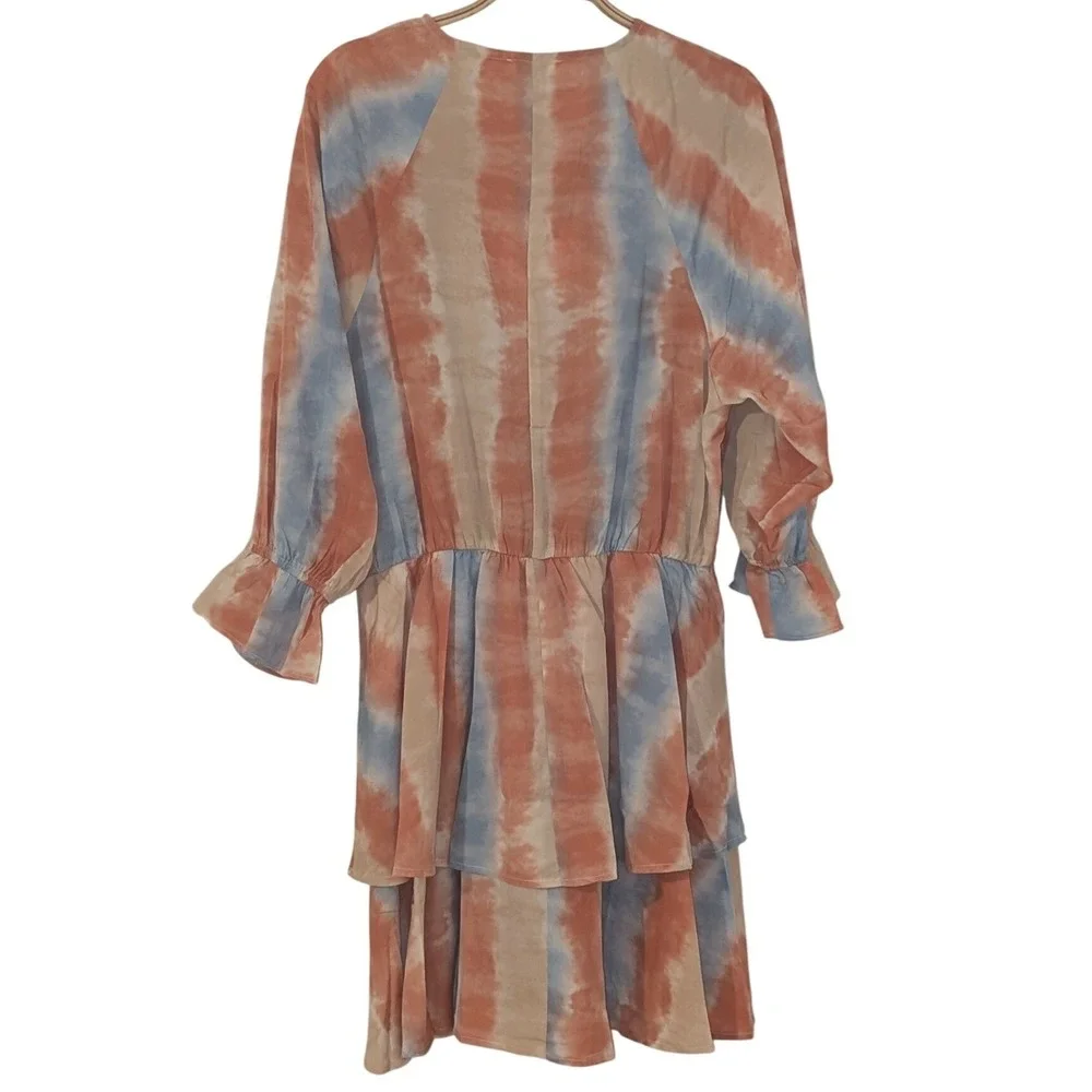 Umgee Womens Orange Blue Tie Dye Surplice V-Neck Ruffle Mini Dress Large NWT